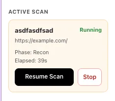 Active Scan sidebar card showing Running status, phase, elapsed time, Resume Scan and Stop buttons