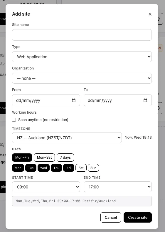 Add site modal with site name, type, organization, From/To dates, and working-hours fields