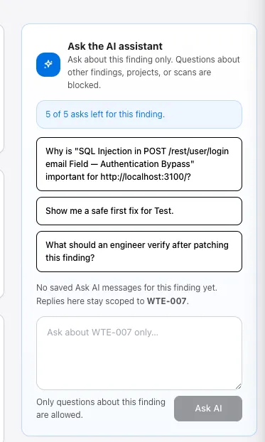 Ask the AI assistant panel with 5 of 5 asks left, three suggested prompts, and an Ask AI input