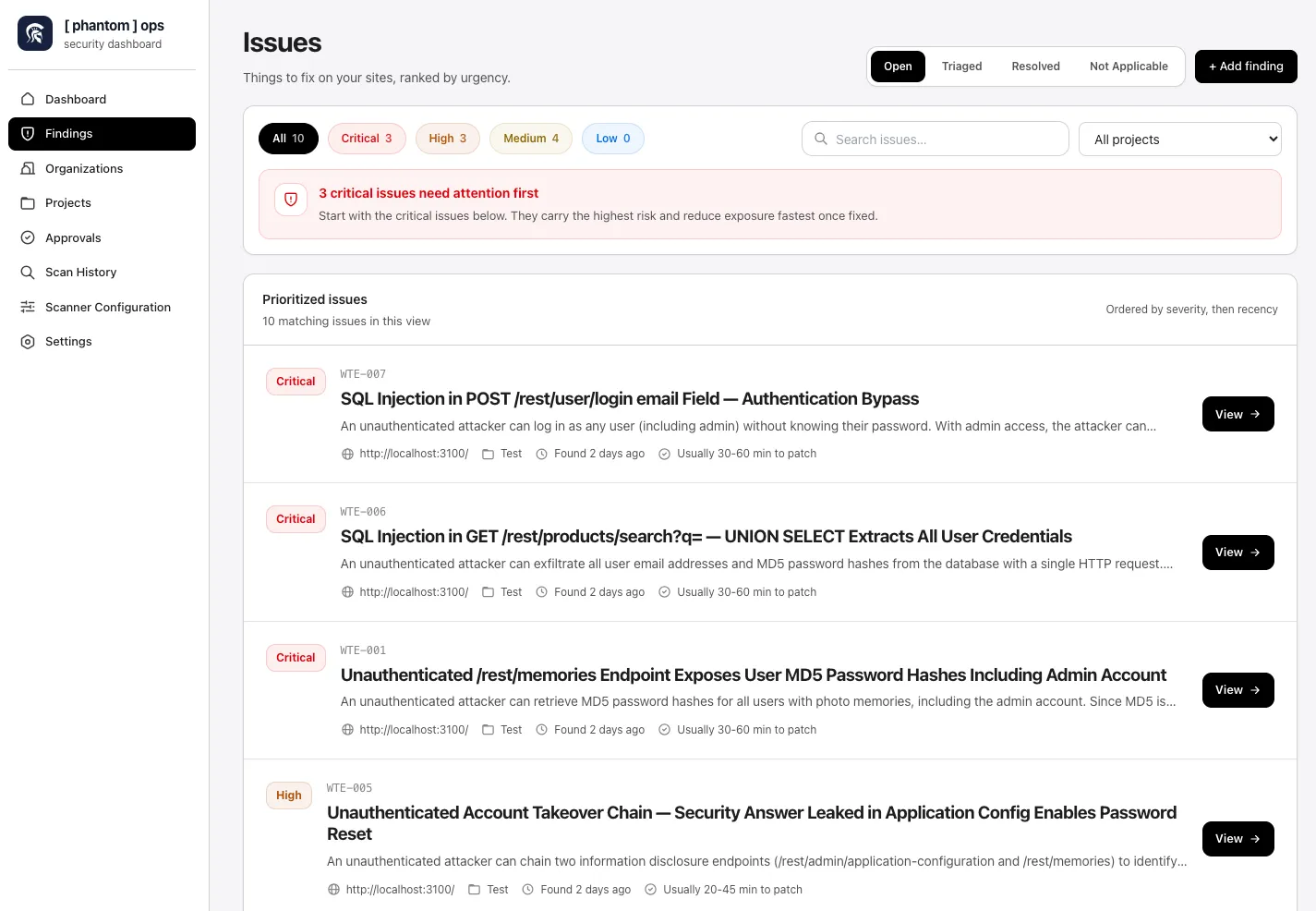 Findings page header with Issues title, status tabs, severity filters, prioritization banner, and a list of issues