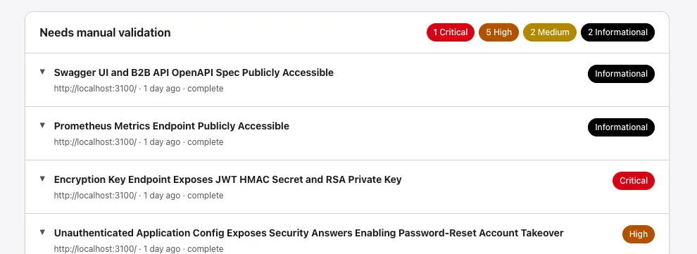 Needs manual validation section with severity counts and a collapsible list of findings