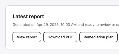 Latest report card with View report, Download PDF, and Remediation plan buttons