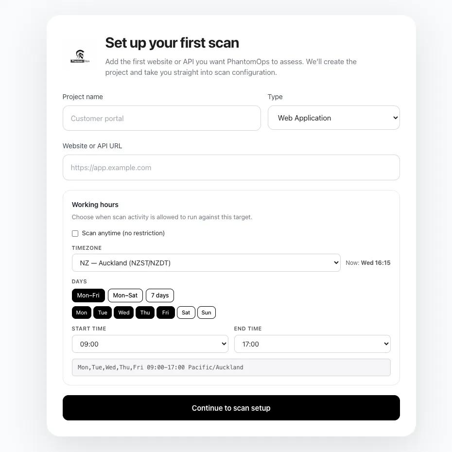First-project onboarding form: project name, type, website or API URL, and working hours configuration