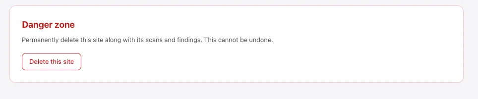 Danger zone card on the Settings tab with the Delete this site button