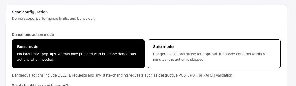 Dangerous action mode with Boss mode and Safe mode tiles side by side