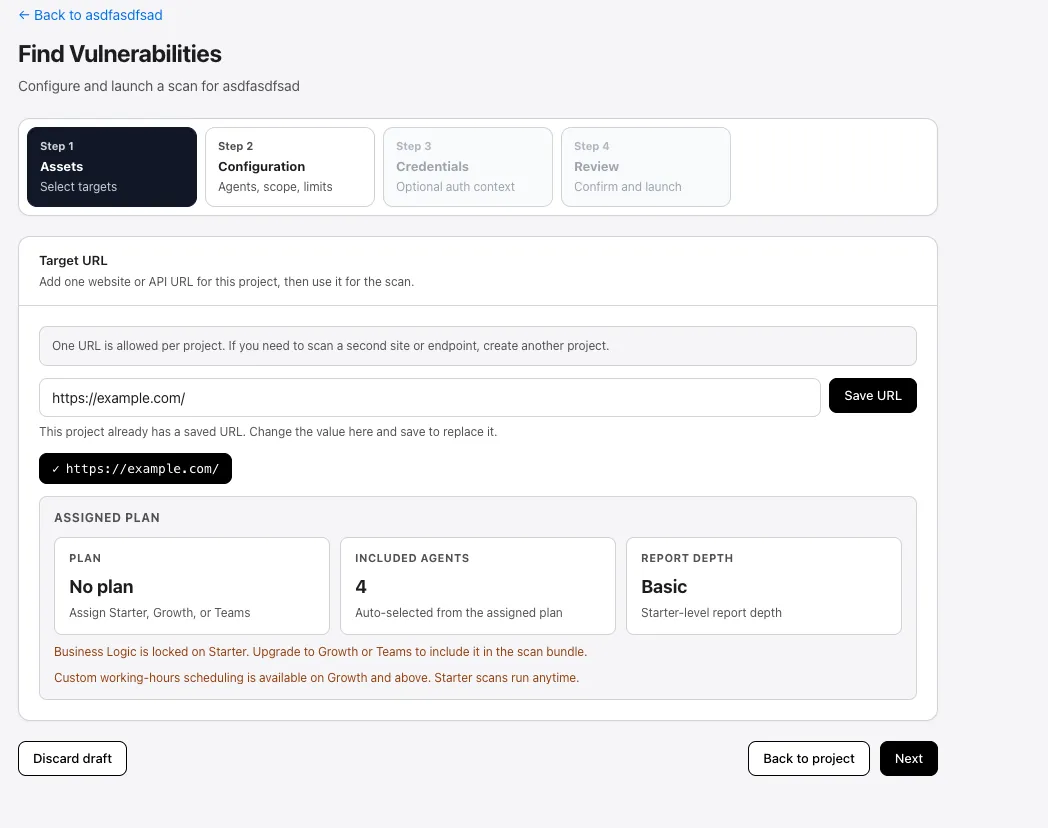 Scan wizard at Step 1 Assets showing the saved target URL with Save URL and Next buttons
