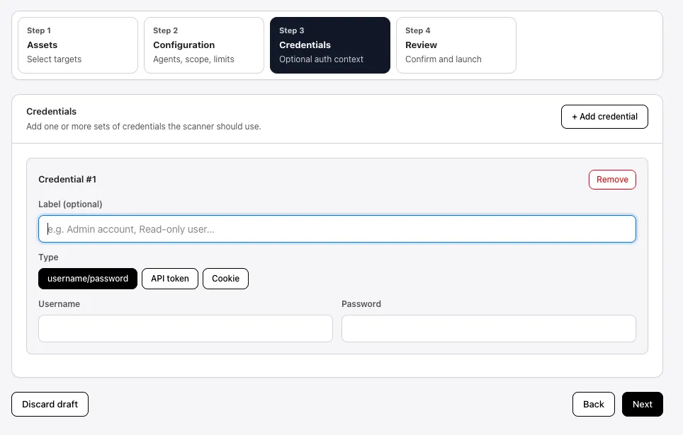 Scan wizard at Step 3 Credentials with username/password, API token, and Cookie type options