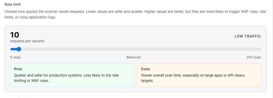 Rate limit slider set to 10 requests per second with Pros and Cons panels