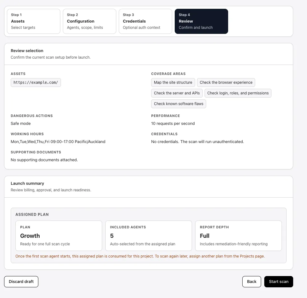 Scan wizard at Step 4 Review with the launch summary and Start scan button