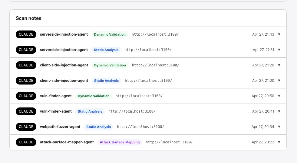 Scan notes list with agent names, phase tags, URLs, and timestamps