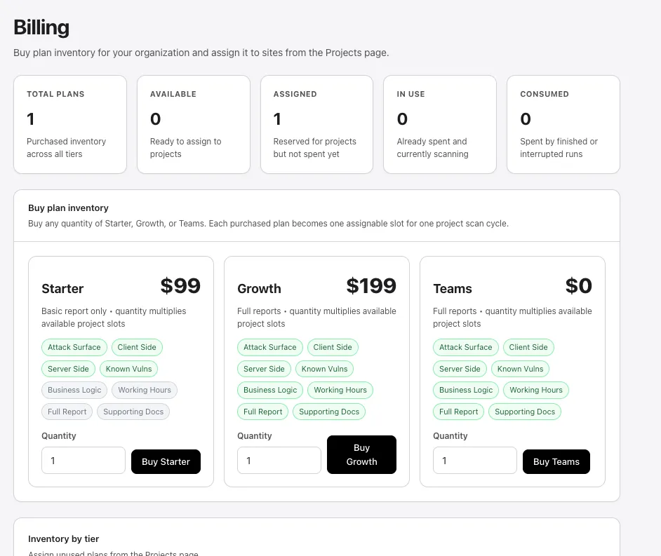 Billing page with Starter, Growth, and Teams purchase tiles