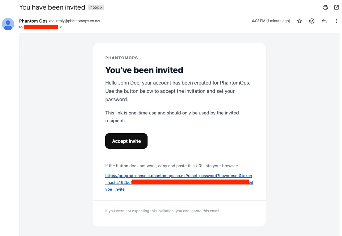 Invitation email titled "You've been invited" with an Accept invite button
